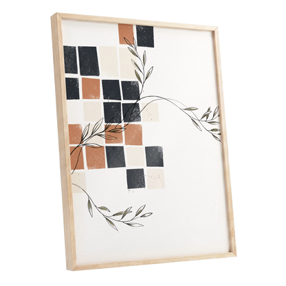 Tiled Olive Rhythm, white, black, brown nature wall art shown as a oak framed poster wall art print