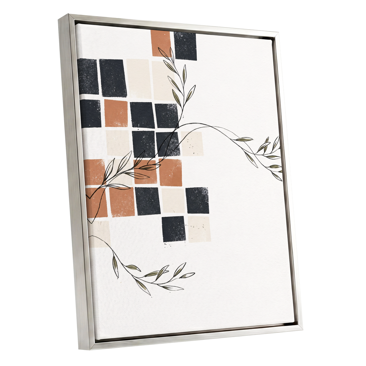 Tiled Olive Rhythm, white, black, brown nature wall art shown as a silver framed canvas wall art