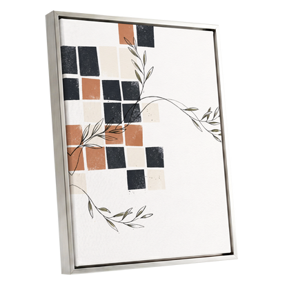 Tiled Olive Rhythm, white, black, brown nature wall art shown as a silver framed canvas wall art