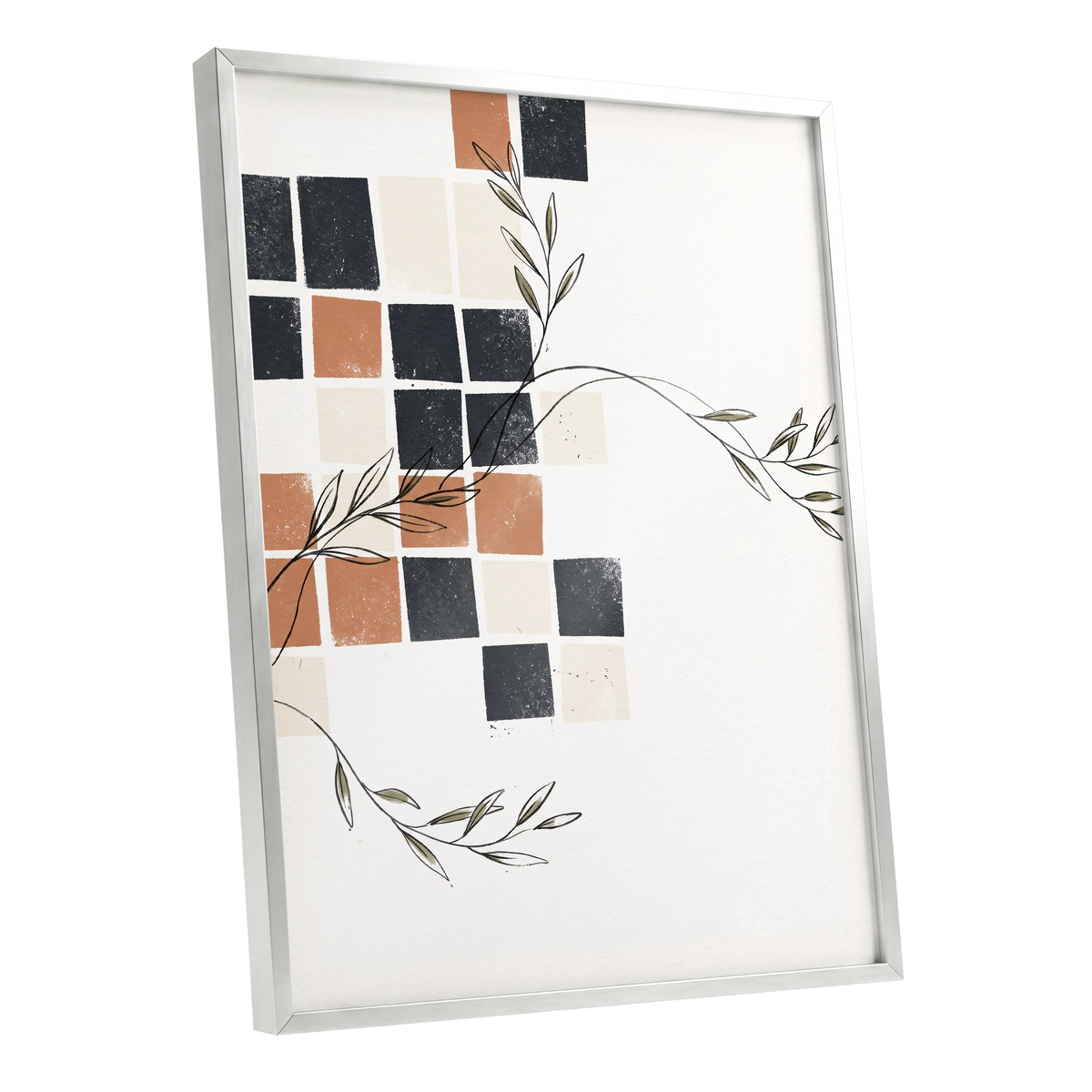 Tiled Olive Rhythm, white, black, brown nature wall art shown as a silver framed poster wall art print