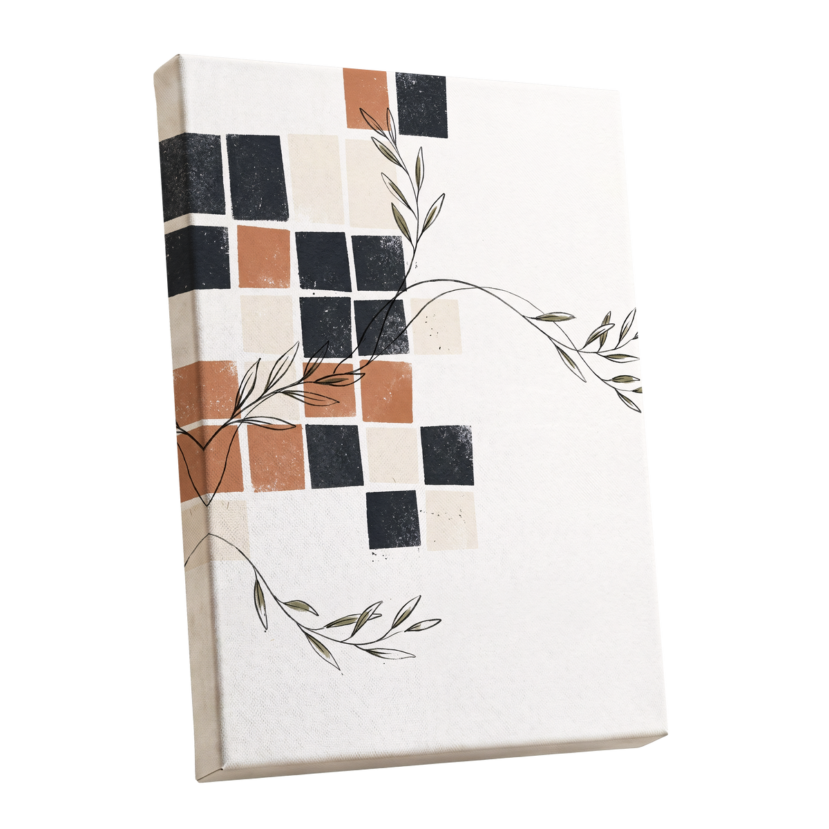 Tiled Olive Rhythm, white, black, brown nature wall art shown as a stretched canvas wall art
