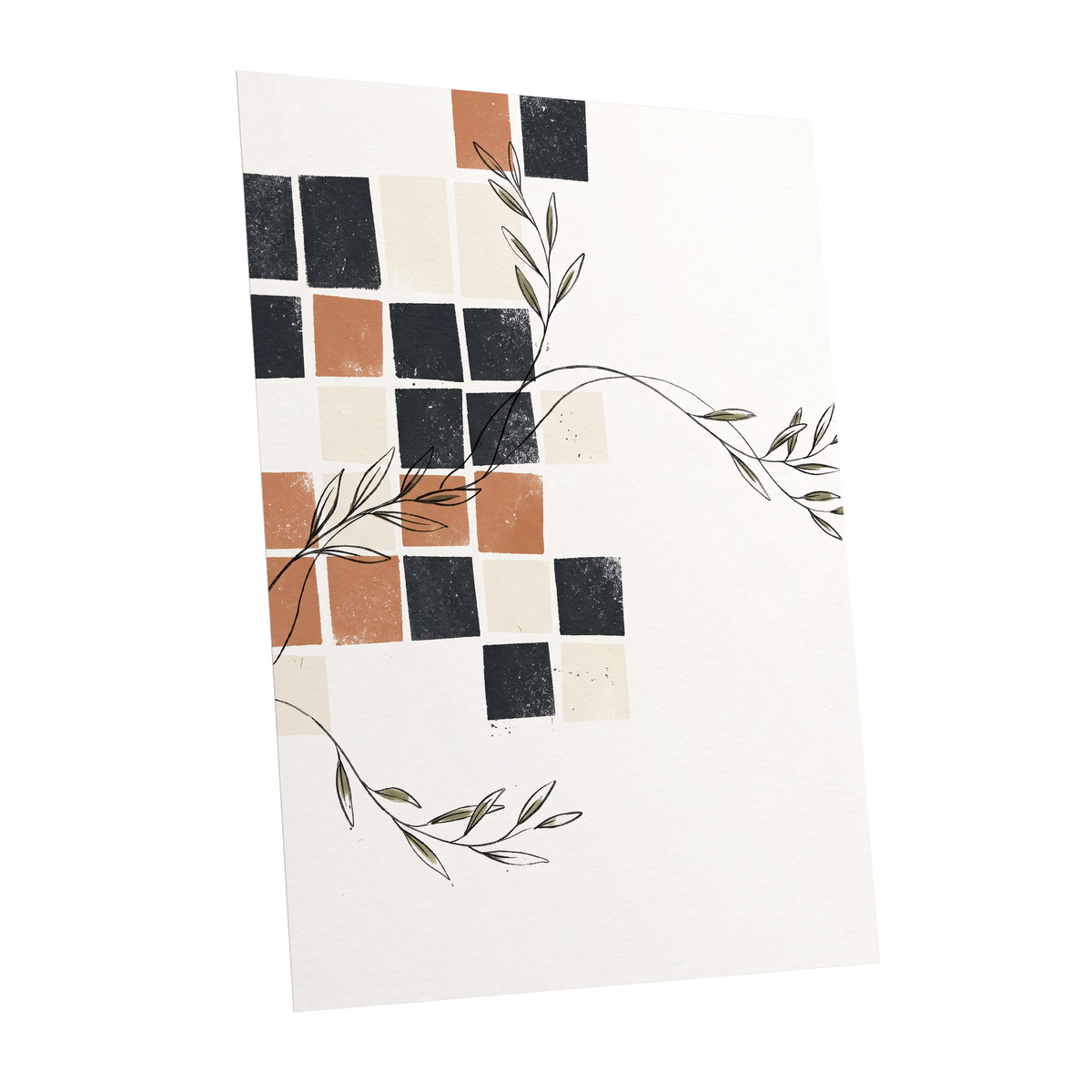 Tiled Olive Rhythm, white, black, brown nature wall art shown as a unframed poster wall art print