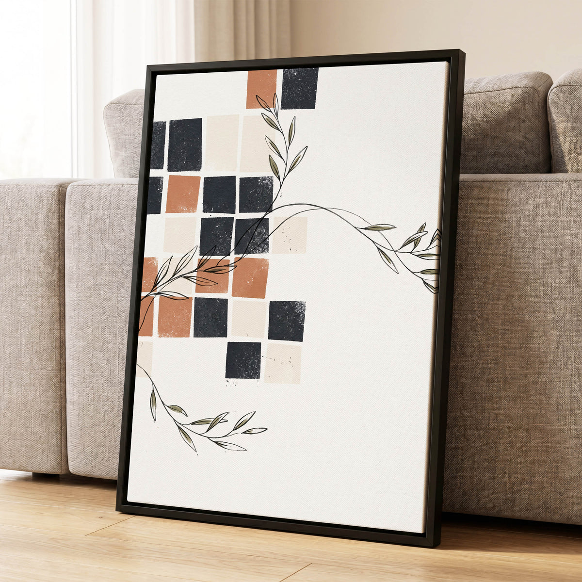 Tiled Olive Rhythm, white, black, brown nature wall art displayed in a styled interior, gallery view 1