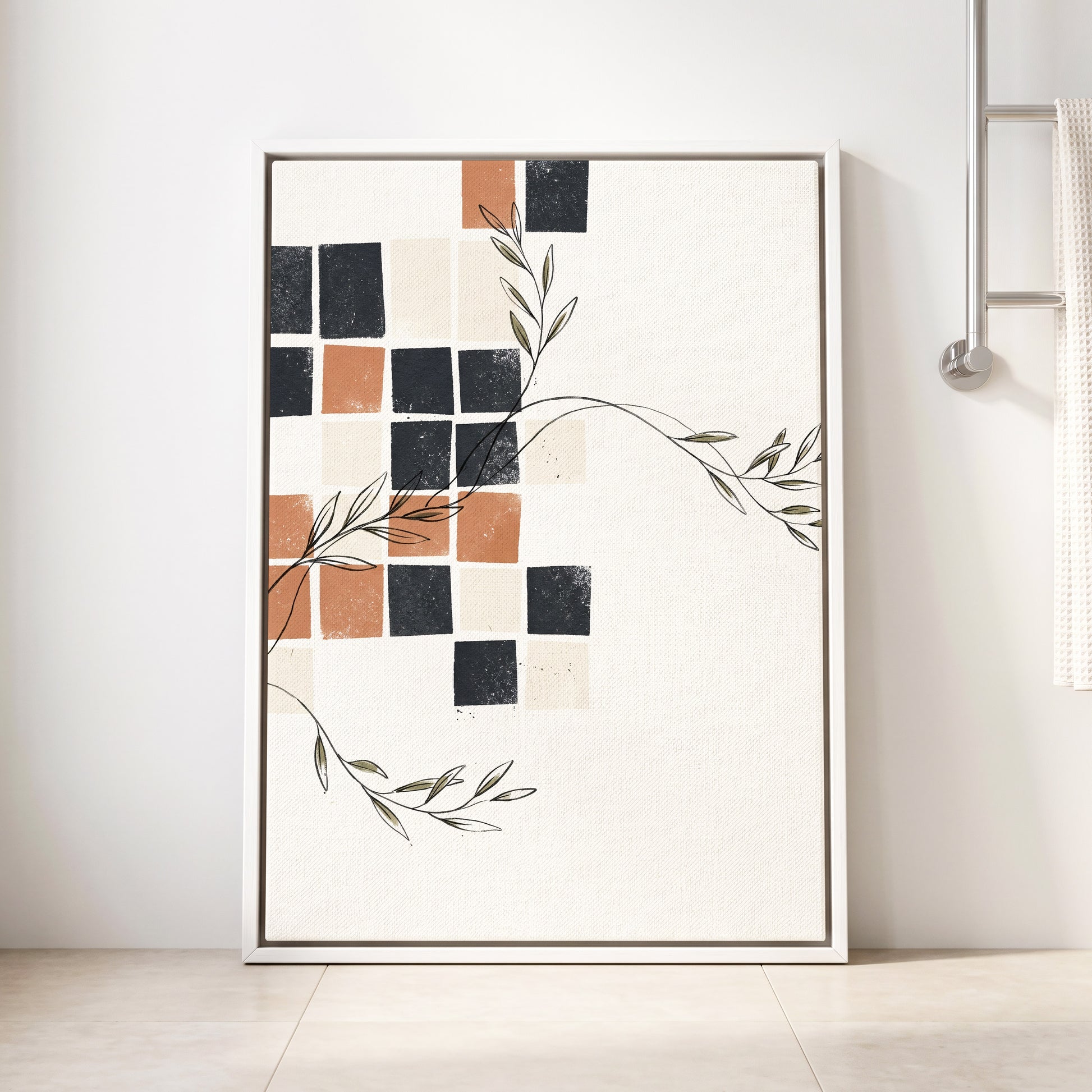 Tiled Olive Rhythm, white, black, brown nature wall art displayed in a styled interior, gallery view 2