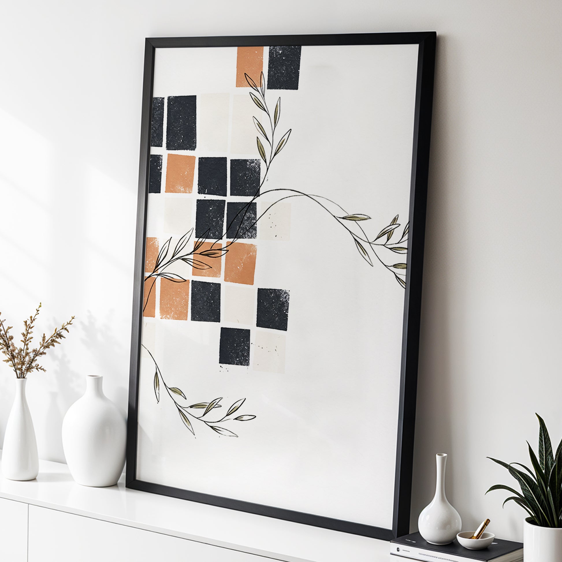 Tiled Olive Rhythm, white, black, brown nature wall art displayed in a styled interior, gallery view 3