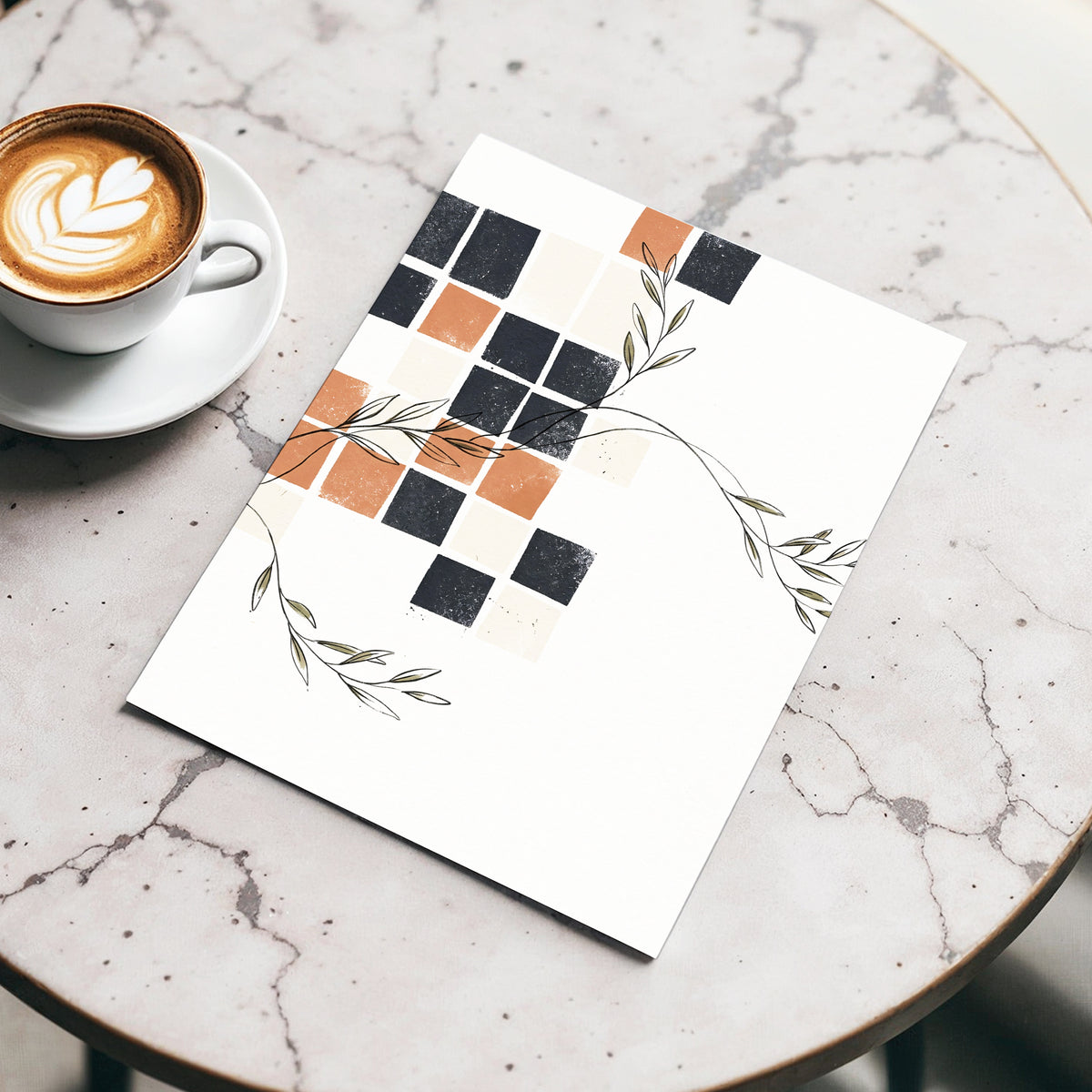 Tiled Olive Rhythm, white, black, brown nature wall art displayed in a styled interior, gallery view 4