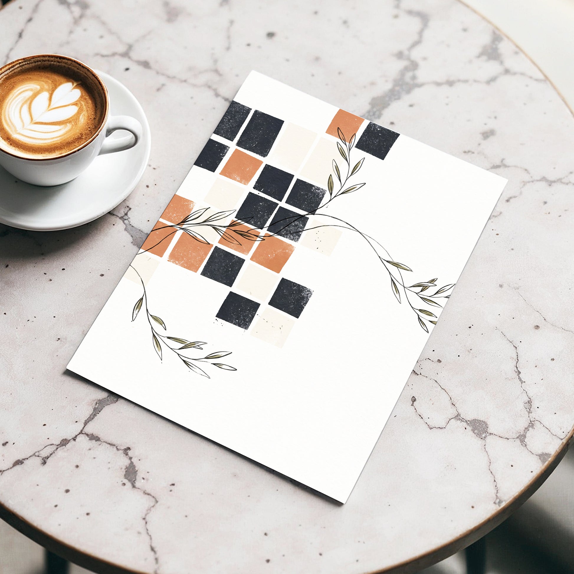 Tiled Olive Rhythm, white, black, brown nature wall art displayed in a styled interior, gallery view 4