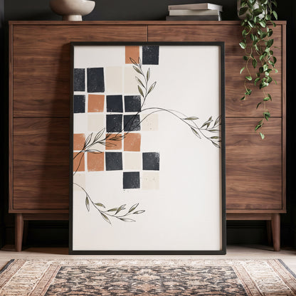 Tiled Olive Rhythm, white, black, brown nature wall art displayed in a styled interior, gallery view 5