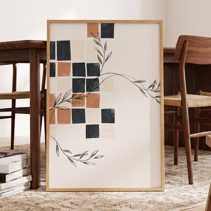 Tiled Olive Rhythm, white, black, brown nature wall art displayed in a styled interior, gallery view 6