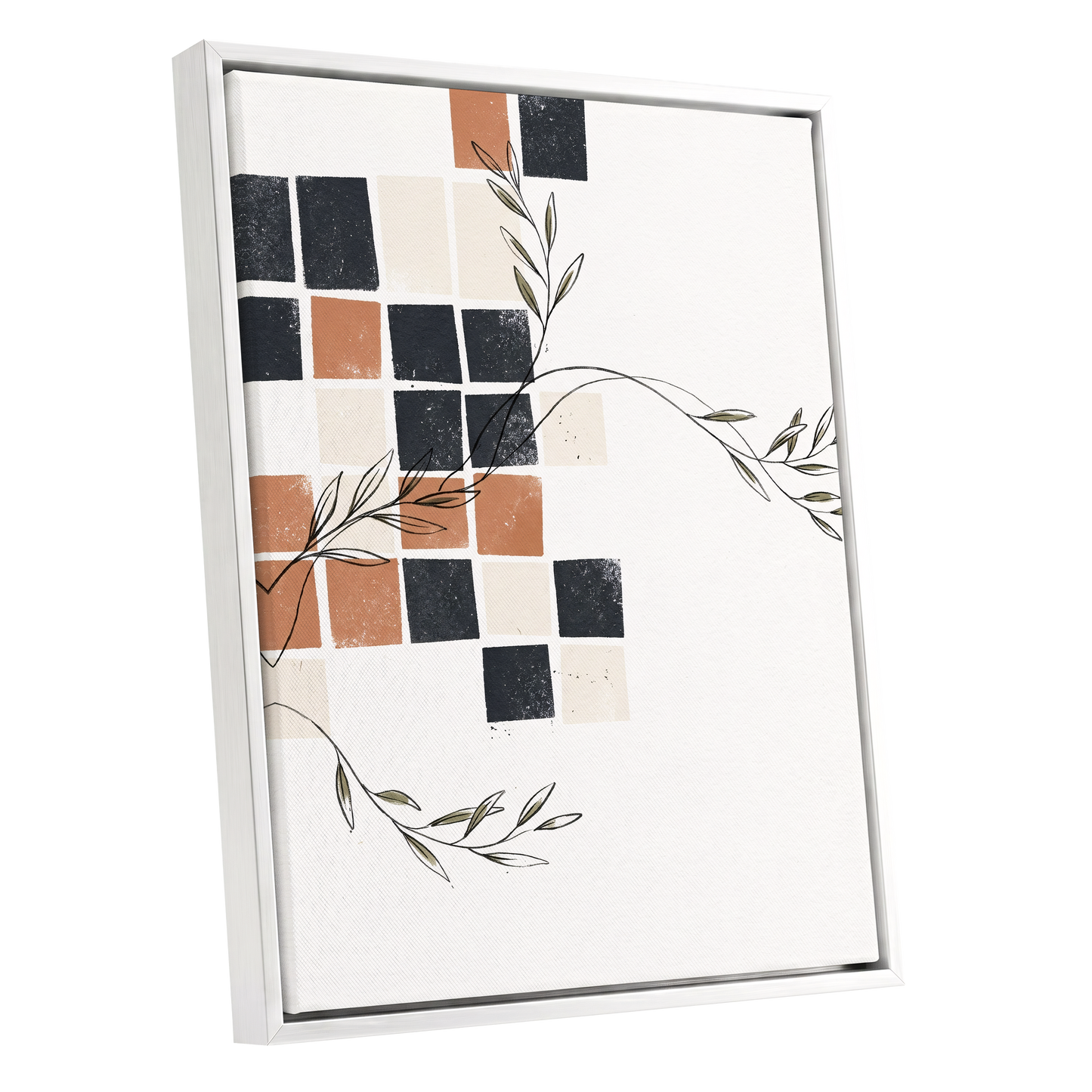 Tiled Olive Rhythm, white, black, brown nature wall art shown as a white framed canvas wall art