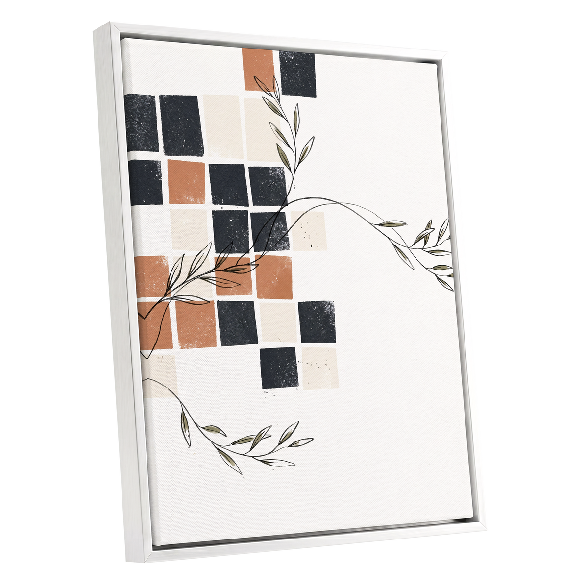 Tiled Olive Rhythm, white, black, brown nature wall art shown as a white framed canvas wall art