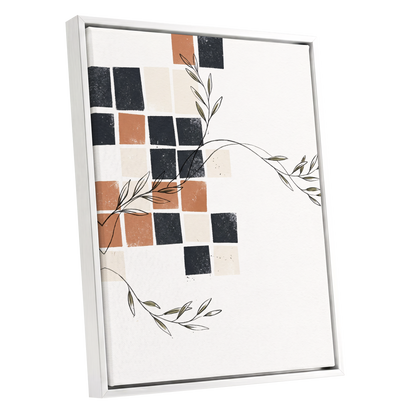 Tiled Olive Rhythm, white, black, brown nature wall art shown as a white framed canvas wall art