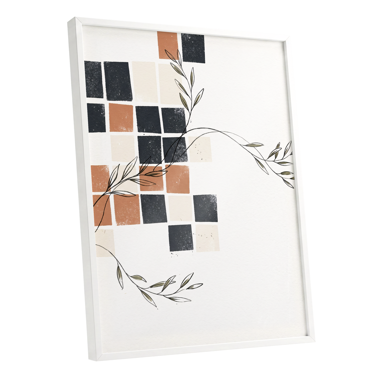 Tiled Olive Rhythm, white, black, brown nature wall art shown as a white framed poster wall art print