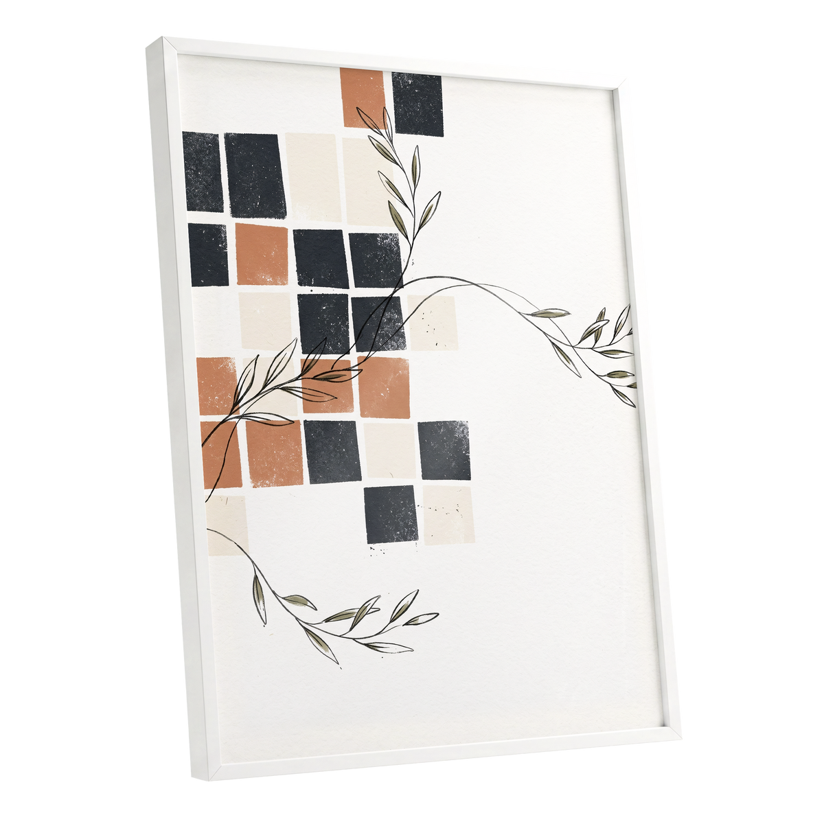 Tiled Olive Rhythm, white, black, brown nature wall art shown as a white framed poster wall art print