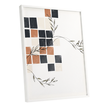 Tiled Olive Rhythm, white, black, brown nature wall art shown as a white framed poster wall art print