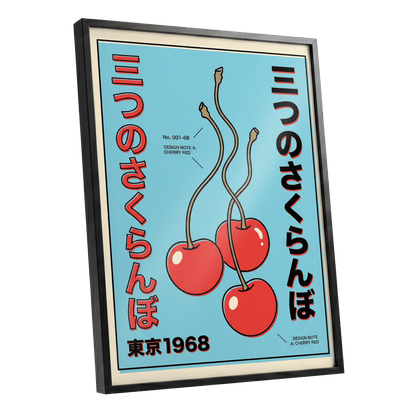 Tokyo Cherry Pop, blue, red, black nature wall art shown as a black framed poster wall art print