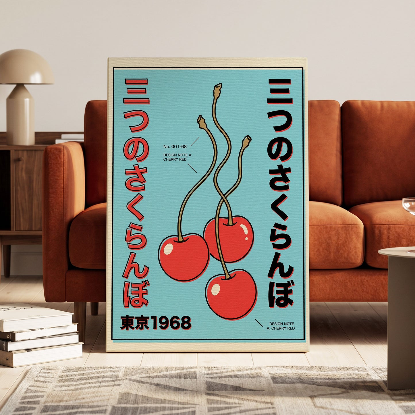 Tokyo Cherry Pop, blue, red, black nature wall art on canvas displayed in a styled interior, gallery view 1
