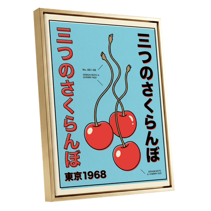 Tokyo Cherry Pop, blue, red, black nature wall art shown as a gold framed canvas wall art