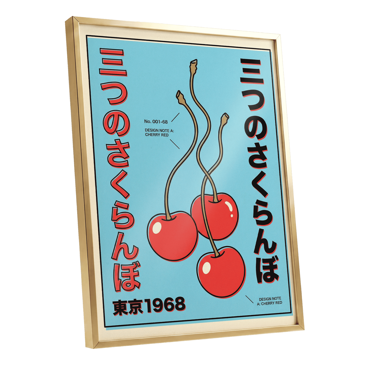 Tokyo Cherry Pop, blue, red, black nature wall art shown as a gold framed poster wall art print