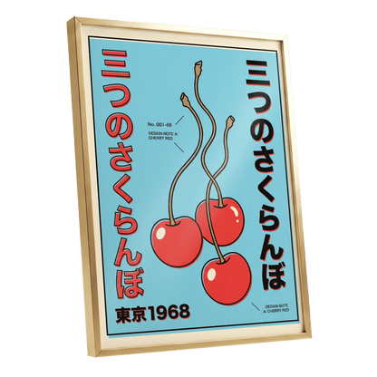 Tokyo Cherry Pop, blue, red, black nature wall art shown as a gold framed poster wall art print