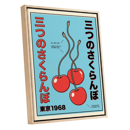 Tokyo Cherry Pop, blue, red, black nature wall art shown as a oak framed canvas wall art