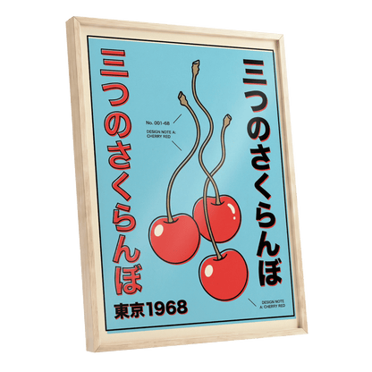 Tokyo Cherry Pop, blue, red, black nature wall art shown as a oak framed poster wall art print