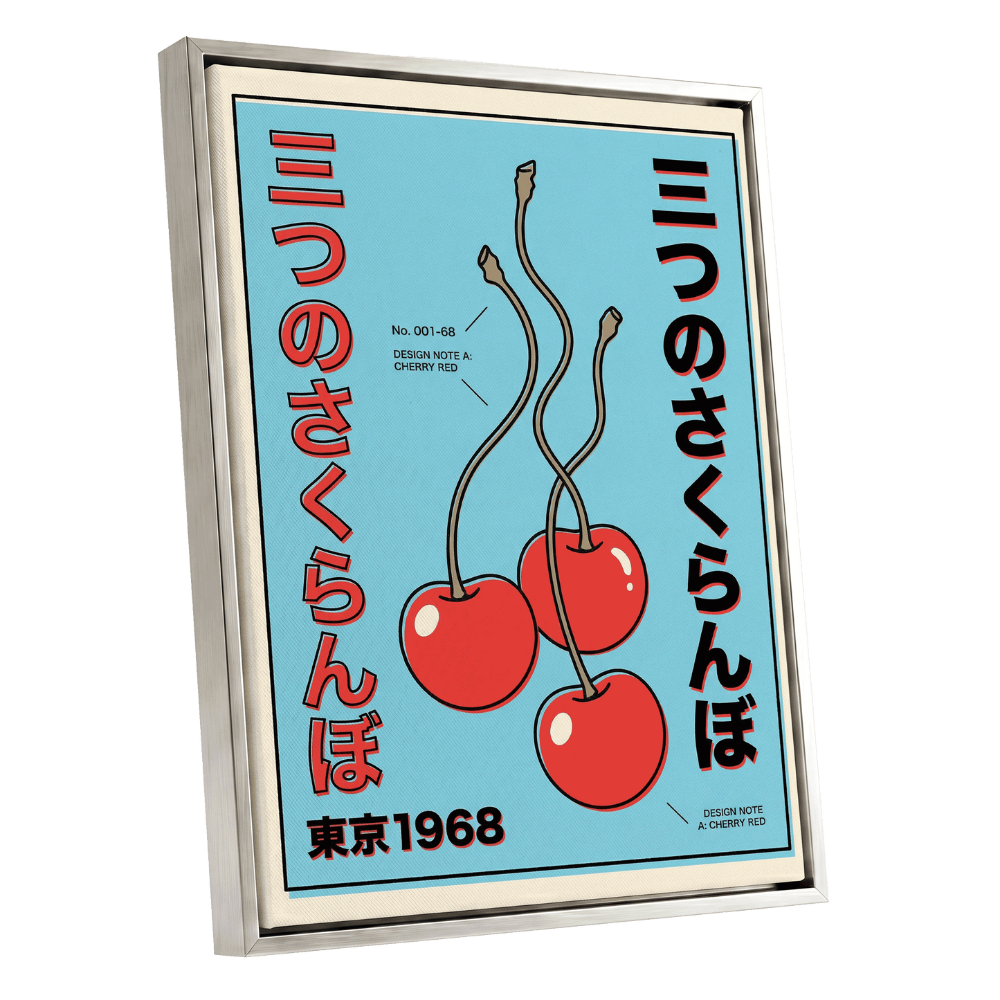 Tokyo Cherry Pop, blue, red, black nature wall art shown as a silver framed canvas wall art