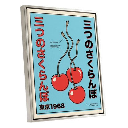 Tokyo Cherry Pop, blue, red, black nature wall art shown as a silver framed canvas wall art