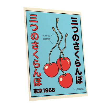 Tokyo Cherry Pop, blue, red, black nature wall art shown as a unframed poster wall art print