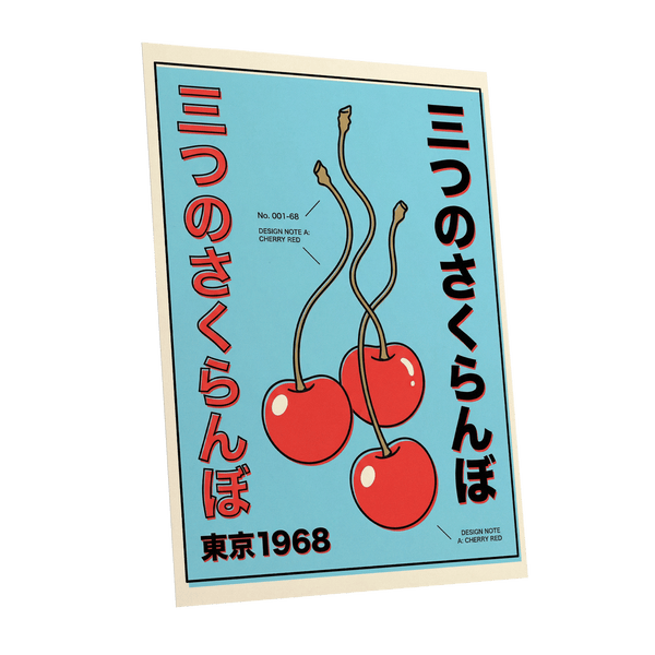 Tokyo Cherry Pop, blue, red, black nature wall art shown as a unframed poster wall art print