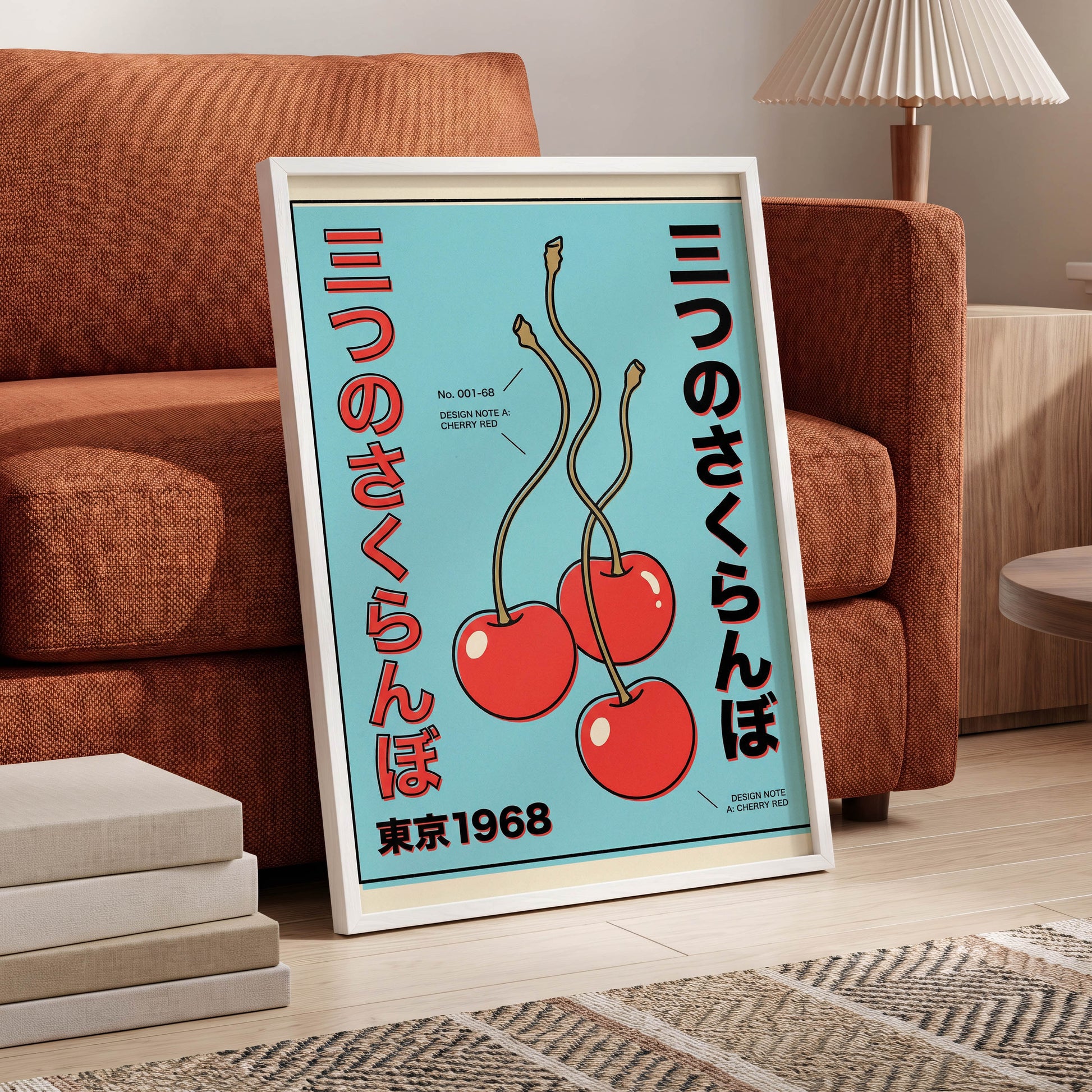 Tokyo Cherry Pop, blue, red, black nature wall art displayed in a styled interior, gallery view 6