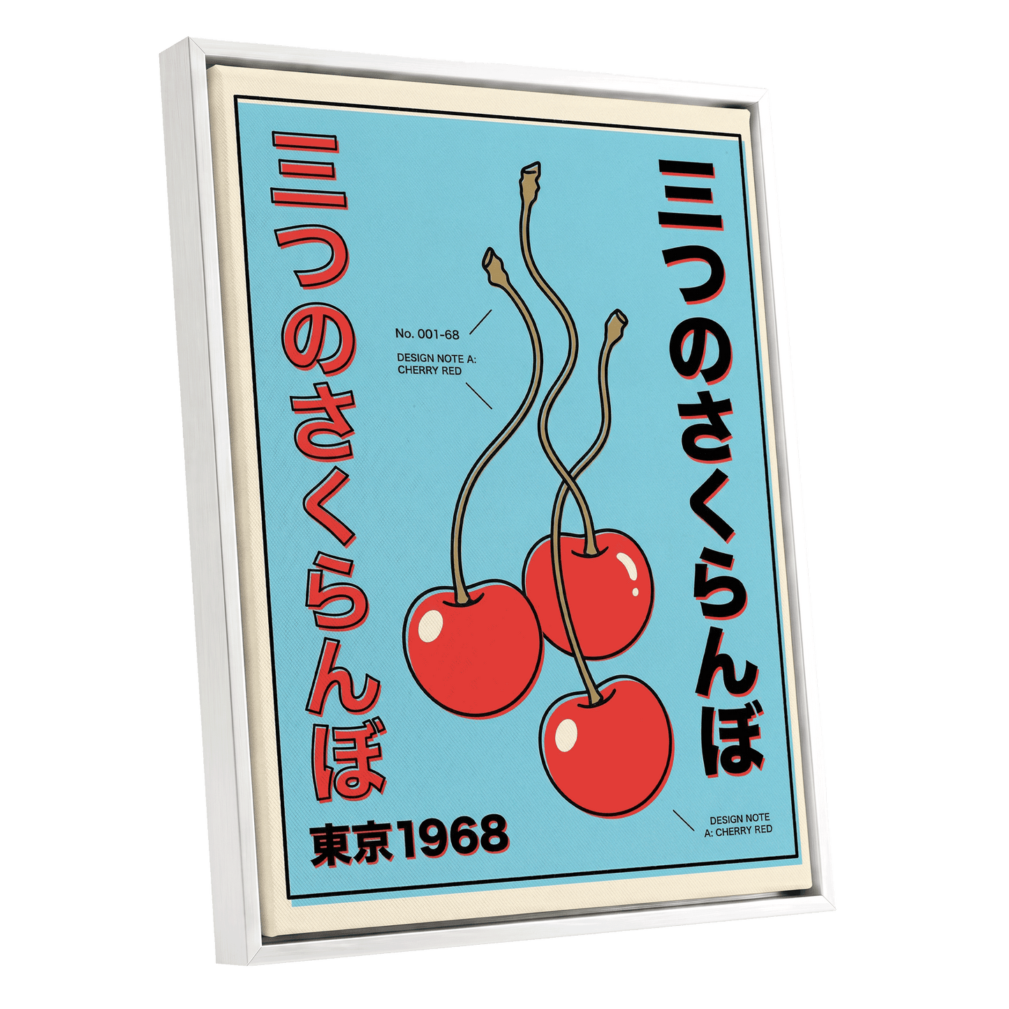 Tokyo Cherry Pop, blue, red, black nature wall art shown as a white framed canvas wall art