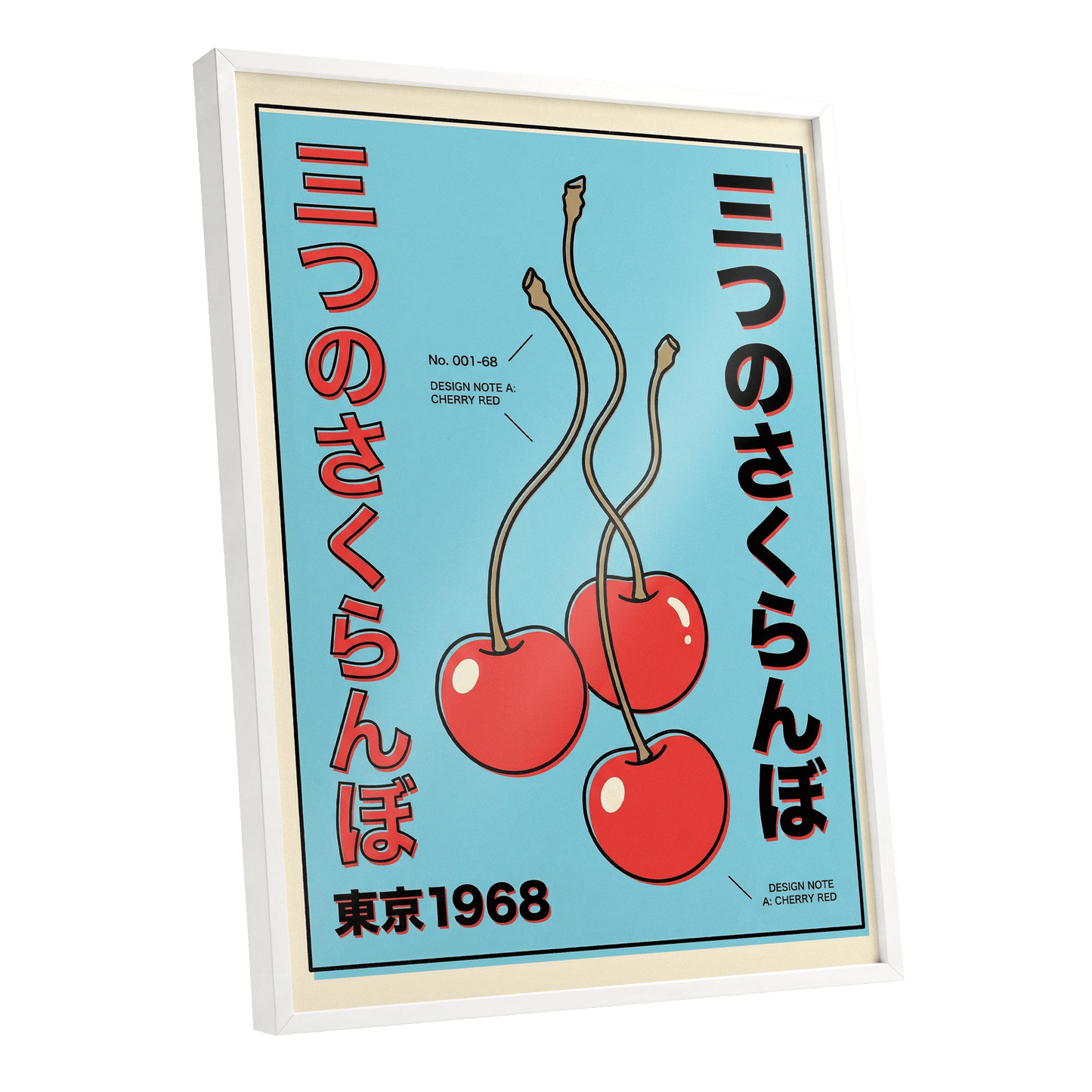 Tokyo Cherry Pop, blue, red, black nature wall art shown as a white framed poster wall art print
