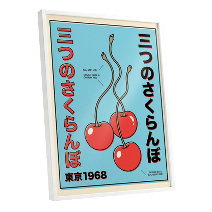 Tokyo Cherry Pop, blue, red, black nature wall art shown as a white framed poster wall art print