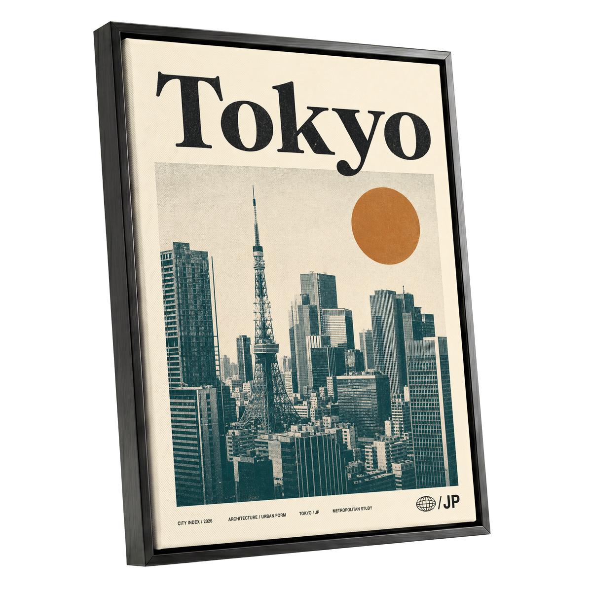 Tokyo Metropolis, black, beige, brown minimalist wall art shown as a black framed canvas wall art