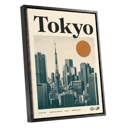 Tokyo Metropolis, black, beige, brown minimalist wall art shown as a black framed canvas wall art