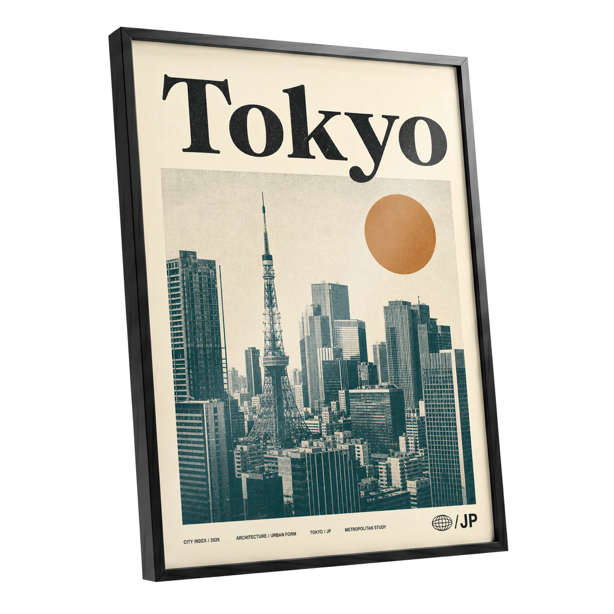 Tokyo Metropolis, black, beige, brown minimalist wall art shown as a black framed poster wall art print