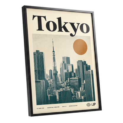 Tokyo Metropolis, black, beige, brown minimalist wall art shown as a black framed poster wall art print