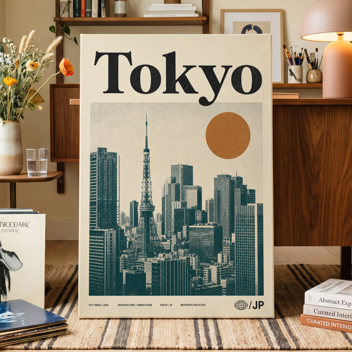 Tokyo Metropolis, black, beige, brown minimalist wall art on canvas displayed in a styled interior, gallery view 1