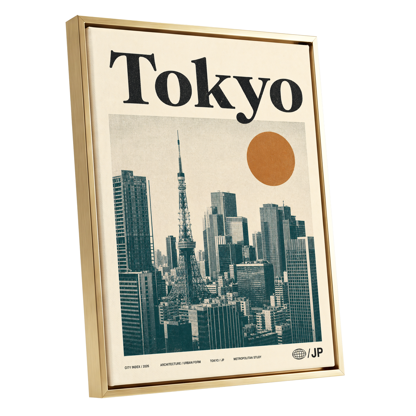 Tokyo Metropolis, black, beige, brown minimalist wall art shown as a gold framed canvas wall art