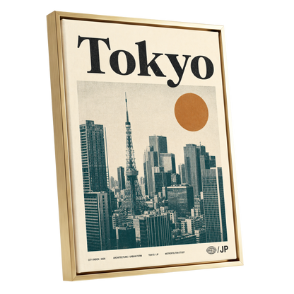 Tokyo Metropolis, black, beige, brown minimalist wall art shown as a gold framed canvas wall art