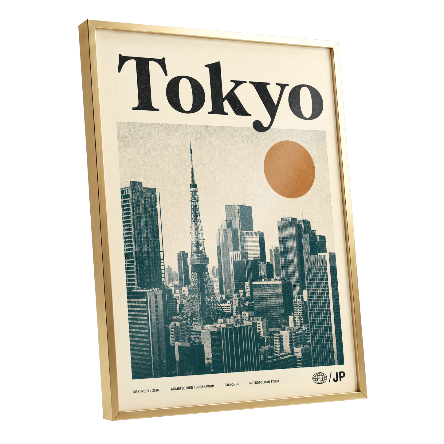 Tokyo Metropolis, black, beige, brown minimalist wall art shown as a gold framed poster wall art print