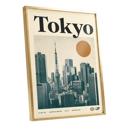 Tokyo Metropolis, black, beige, brown minimalist wall art shown as a gold framed poster wall art print