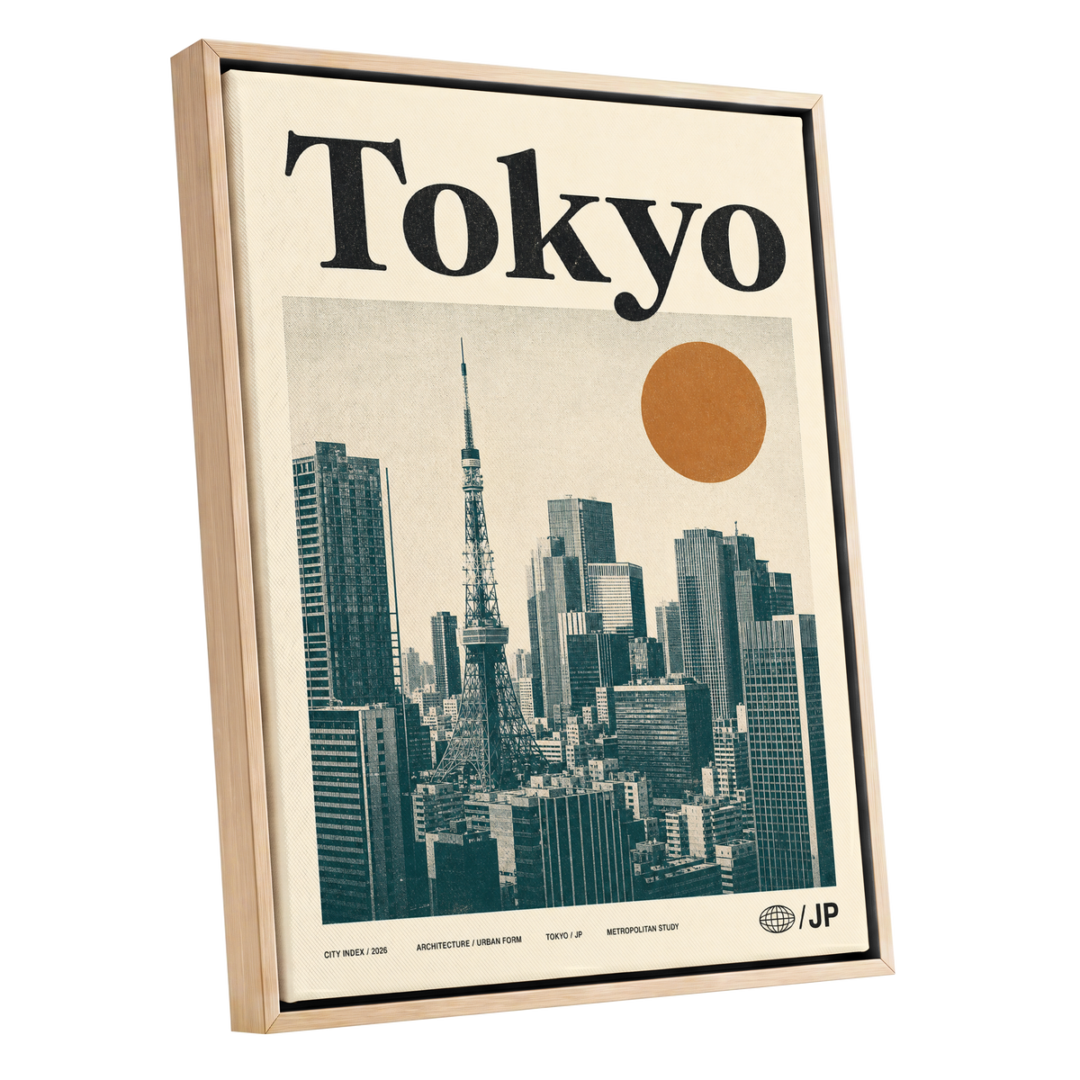 Tokyo Metropolis, black, beige, brown minimalist wall art shown as a oak framed canvas wall art