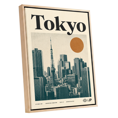 Tokyo Metropolis, black, beige, brown minimalist wall art shown as a oak framed canvas wall art