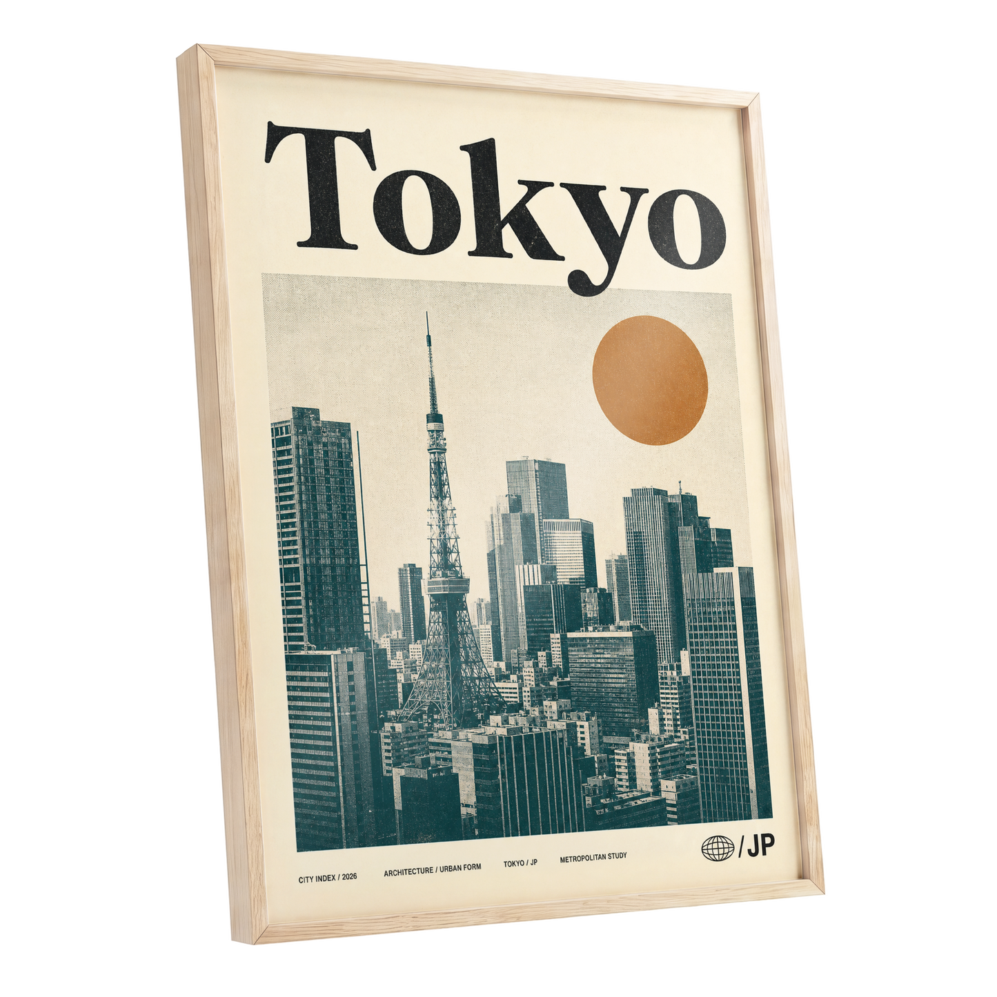 Tokyo Metropolis, black, beige, brown minimalist wall art shown as a oak framed poster wall art print