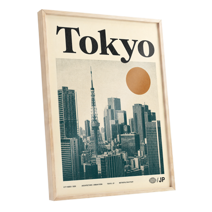 Tokyo Metropolis, black, beige, brown minimalist wall art shown as a oak framed poster wall art print