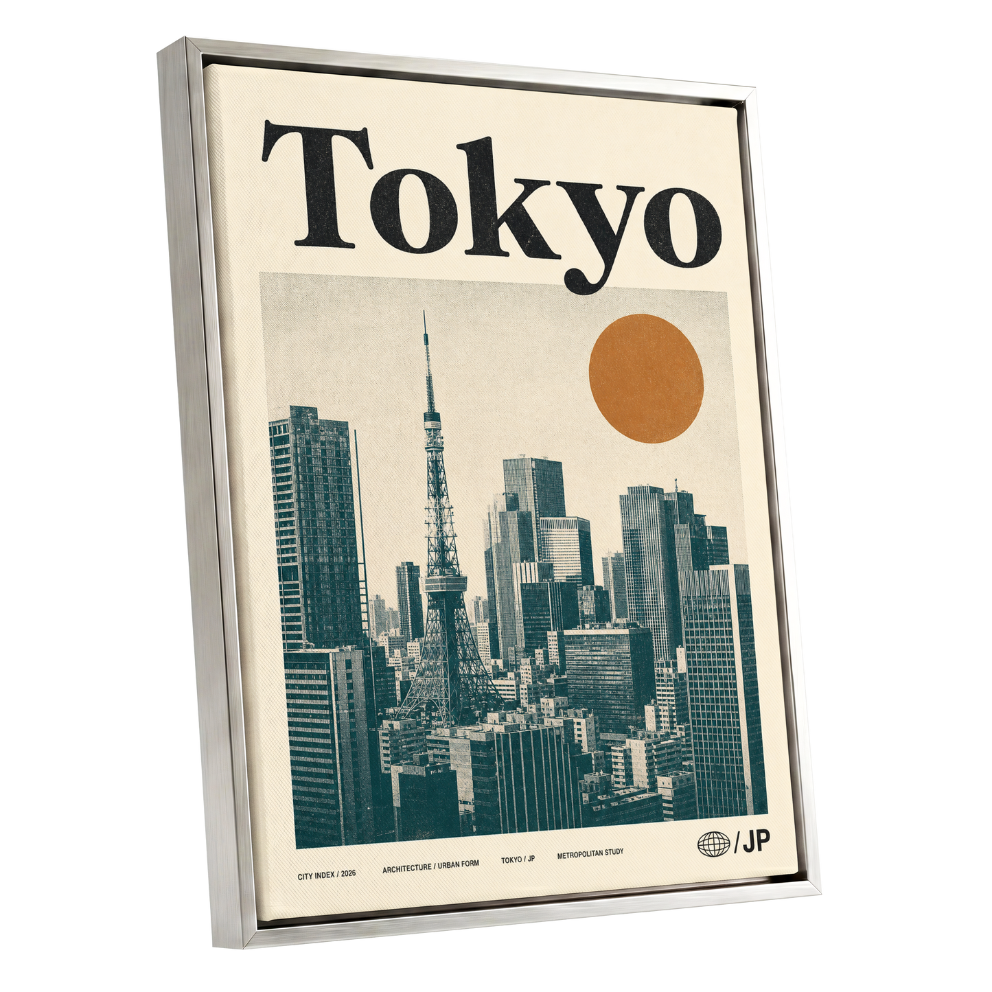 Tokyo Metropolis, black, beige, brown minimalist wall art shown as a silver framed canvas wall art