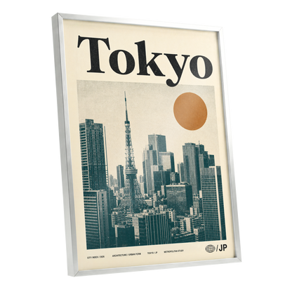 Tokyo Metropolis, black, beige, brown minimalist wall art shown as a silver framed poster wall art print