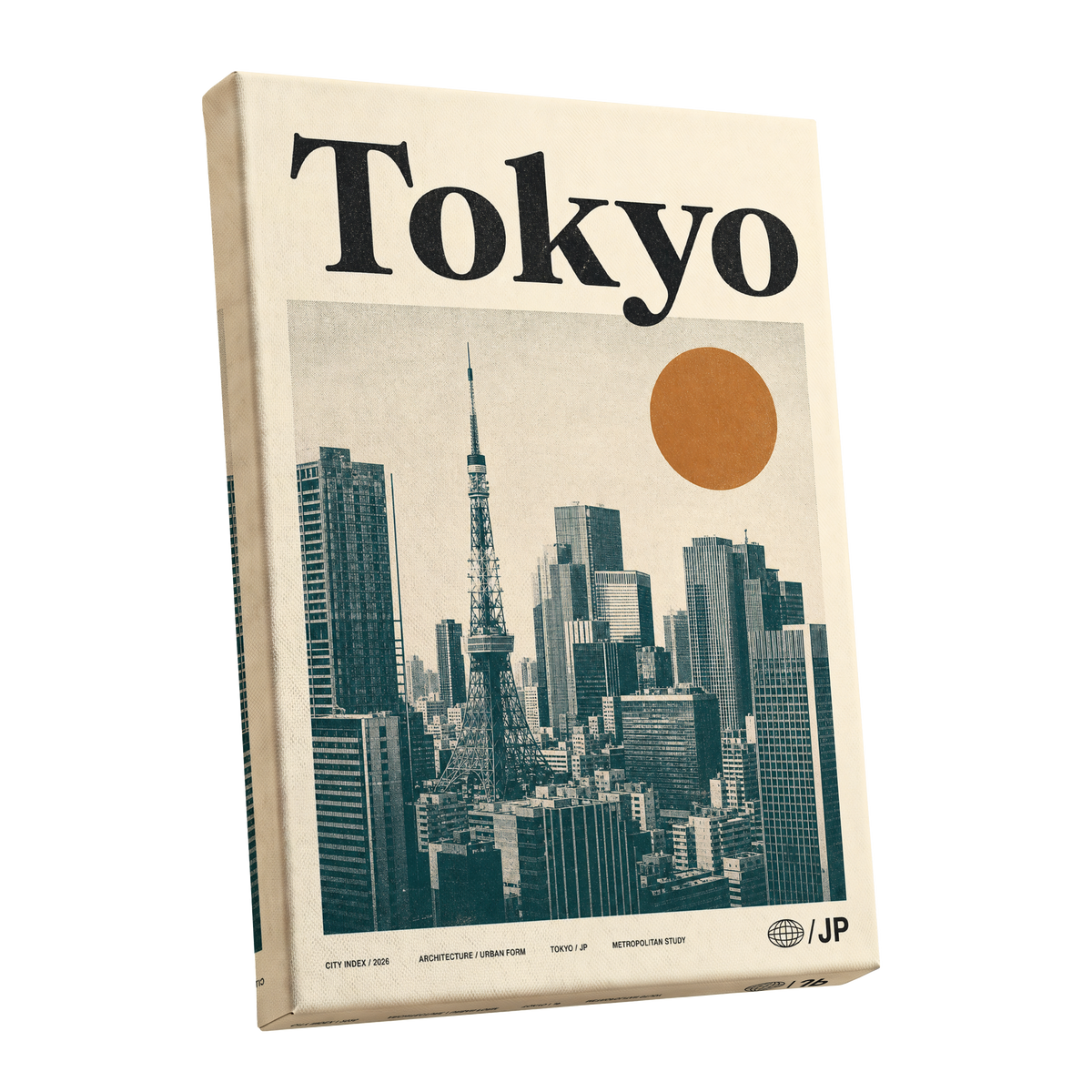 Tokyo Metropolis, black, beige, brown minimalist wall art shown as a stretched canvas wall art